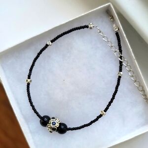 SEED BEAD EBONY BLACK 1 SIZE IMPORTED ONYX SILVER CHARM ANKLET  BRACELET